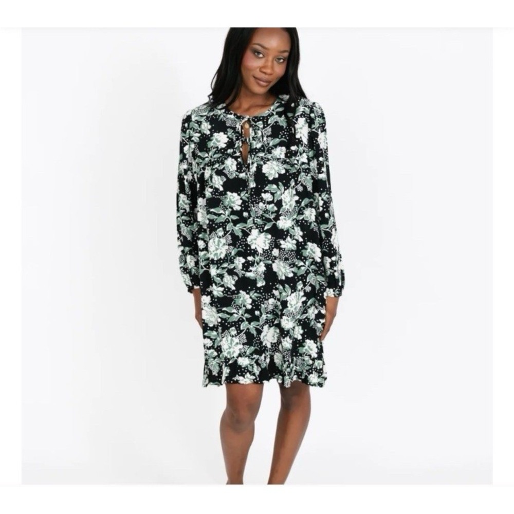 Smash + Tess Floral Polka Dot Keyhole Tie Ruffle Mini Dress Black Green Medium